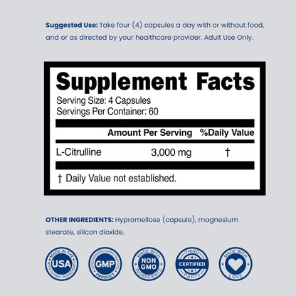 L-Citrullin 3000mg Kapseln (240 Stück) – Unterstützt L-Arginin & Stickstoffmonoxid – für Männer & Frauen – Muskelregeneration & Pump – vegan, nicht-GVO, in den USA hergestellt