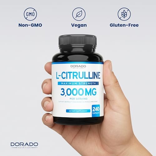 L-Citrullin 3000mg Kapseln (240 Stück) – Unterstützt L-Arginin & Stickstoffmonoxid – für Männer & Frauen – Muskelregeneration & Pump – vegan, nicht-GVO, in den USA hergestellt