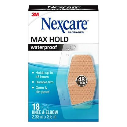 Nexcare Max Hold wasserfeste Pflaster, Komfortabel, Niedrigprofil-Folie passt sich der Haut an, Knie & Ellenbogen, 2,38 x 3,5 Zoll, 18 Stück