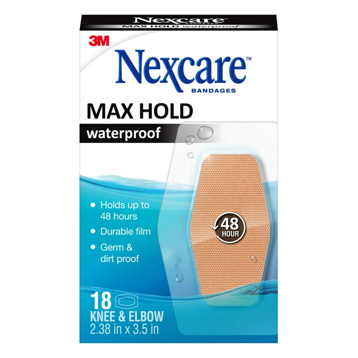 Nexcare Max Hold wasserfeste Pflaster, Komfortabel, Niedrigprofil-Folie passt sich der Haut an, Knie & Ellenbogen, 2,38 x 3,5 Zoll, 18 Stück