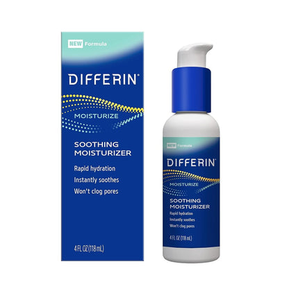 Differin Gesichtsfeuchtigkeitscreme, beruhigende Lotion für Gesicht und Körper, sanfte Hautpflege für zu Akne neigende empfindliche Haut, 118 ml (Verpackung kann variieren)