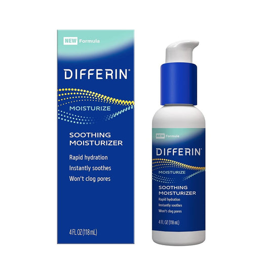 Differin Gesichtsfeuchtigkeitscreme, beruhigende Lotion für Gesicht und Körper, sanfte Hautpflege für zu Akne neigende empfindliche Haut, 118 ml (Verpackung kann variieren)