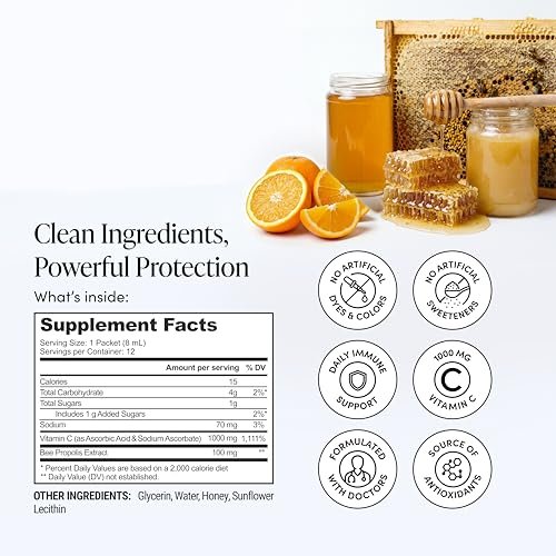 Propolis Liposomales Vitamin C von Beekeeper's Naturals – 1000 mg Vitamin C, Propolis & Bio-Honig, Immununterstützung mit maximaler Bioverfügbarkeit, 12 Portionsbeutel