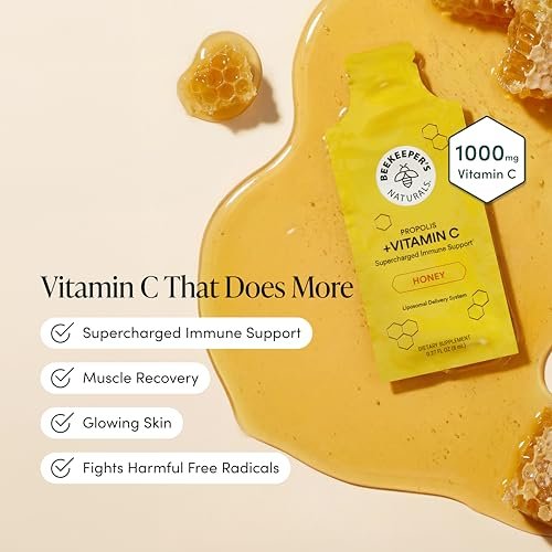 Propolis Liposomales Vitamin C von Beekeeper's Naturals – 1000 mg Vitamin C, Propolis & Bio-Honig, Immununterstützung mit maximaler Bioverfügbarkeit, 12 Portionsbeutel