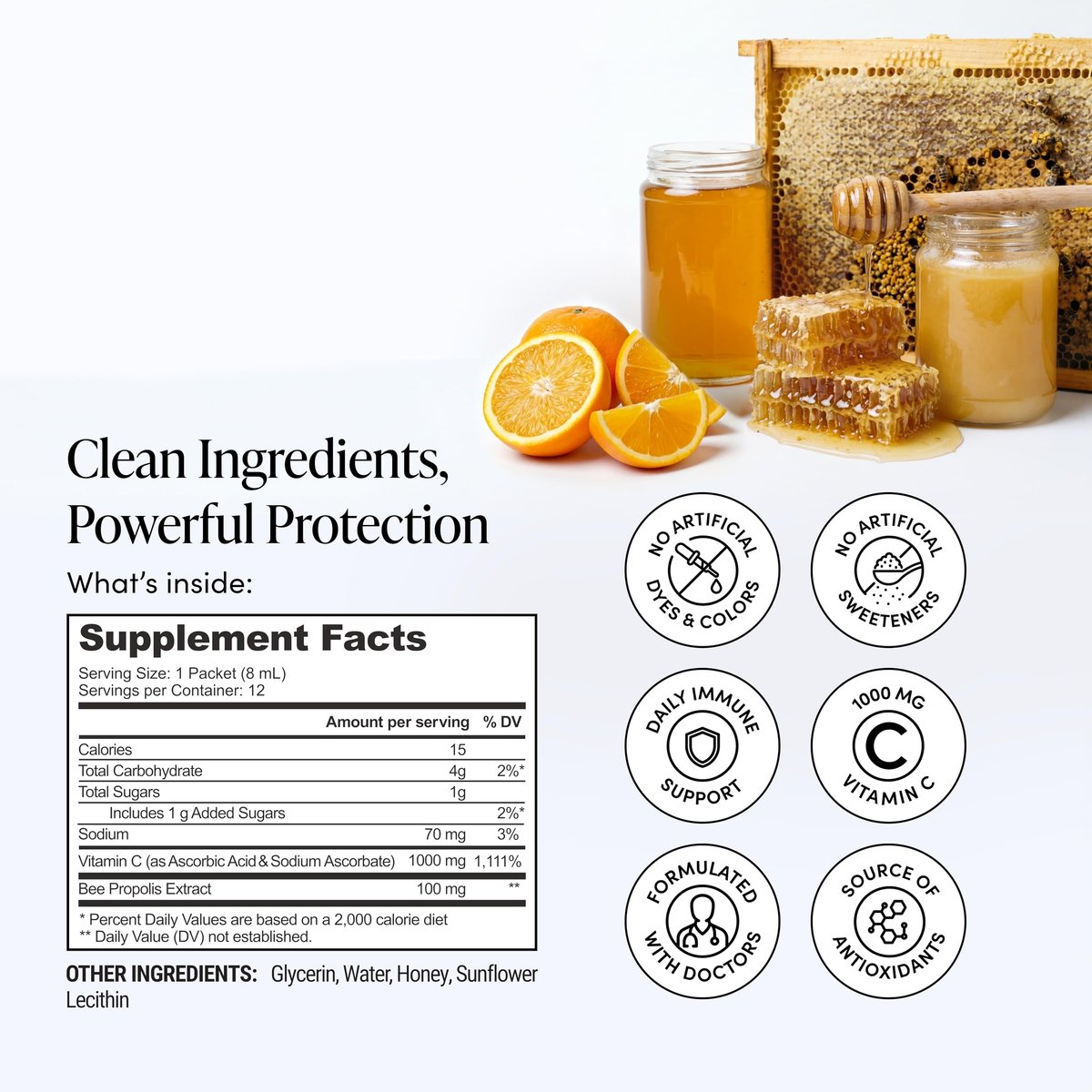 Propolis Liposomales Vitamin C von Beekeeper's Naturals – 1000 mg Vitamin C, Propolis & Bio-Honig, Immununterstützung mit maximaler Bioverfügbarkeit, 12 Portionsbeutel