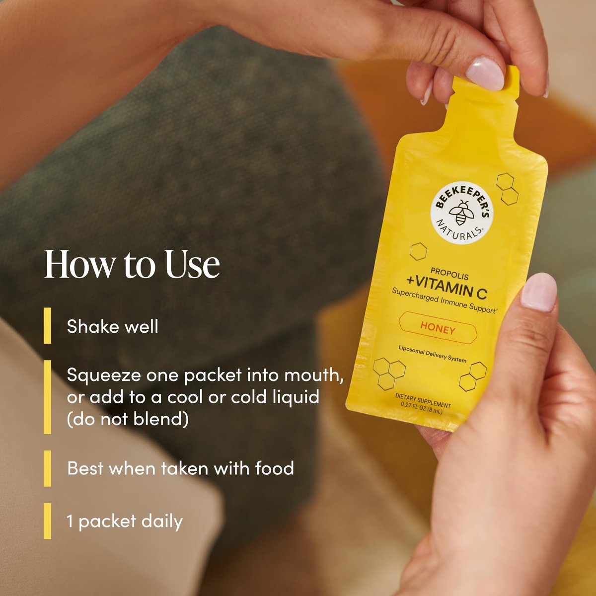 Propolis Liposomales Vitamin C von Beekeeper's Naturals – 1000 mg Vitamin C, Propolis & Bio-Honig, Immununterstützung mit maximaler Bioverfügbarkeit, 12 Portionsbeutel