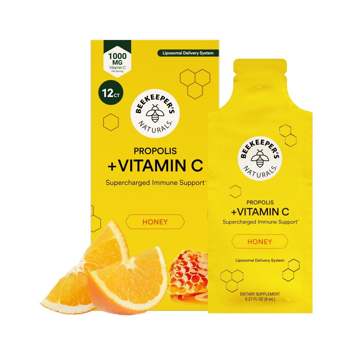 Propolis Liposomales Vitamin C von Beekeeper's Naturals – 1000 mg Vitamin C, Propolis & Bio-Honig, Immununterstützung mit maximaler Bioverfügbarkeit, 12 Portionsbeutel