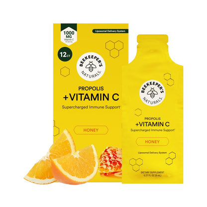 Propolis Liposomales Vitamin C von Beekeeper's Naturals – 1000 mg Vitamin C, Propolis & Bio-Honig, Immununterstützung mit maximaler Bioverfügbarkeit, 12 Portionsbeutel