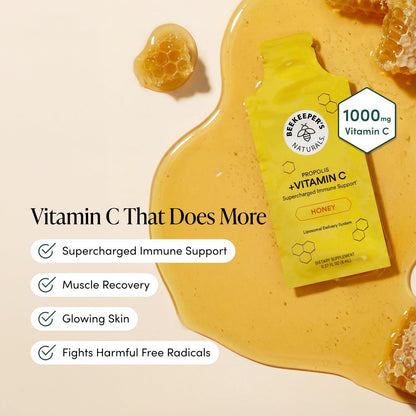 Propolis Liposomales Vitamin C von Beekeeper's Naturals – 1000 mg Vitamin C, Propolis & Bio-Honig, Immununterstützung mit maximaler Bioverfügbarkeit, 12 Portionsbeutel