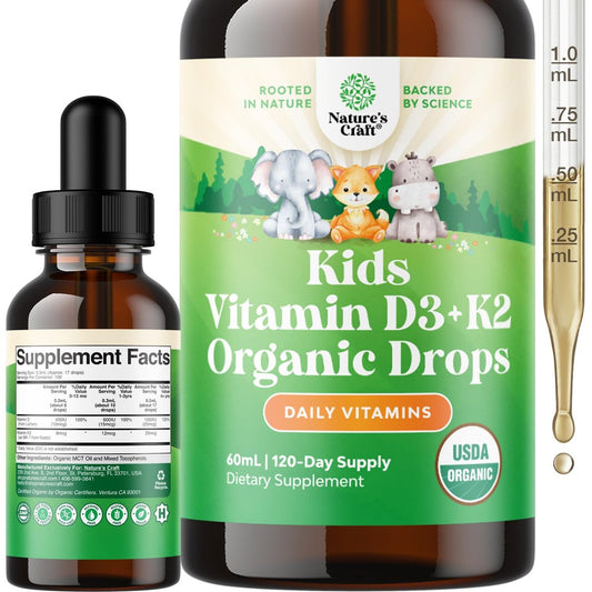 Natures Craft Vitamin D3 K2 Tropfen für Kinder - Bio Vitamin D für starke Knochen & Gelenke - Immununterstützung für Säuglinge, Babys & Kleinkinder - Flüssiges Nahrungsergänzungsmittel - 2 Fl Oz (1er Pack)