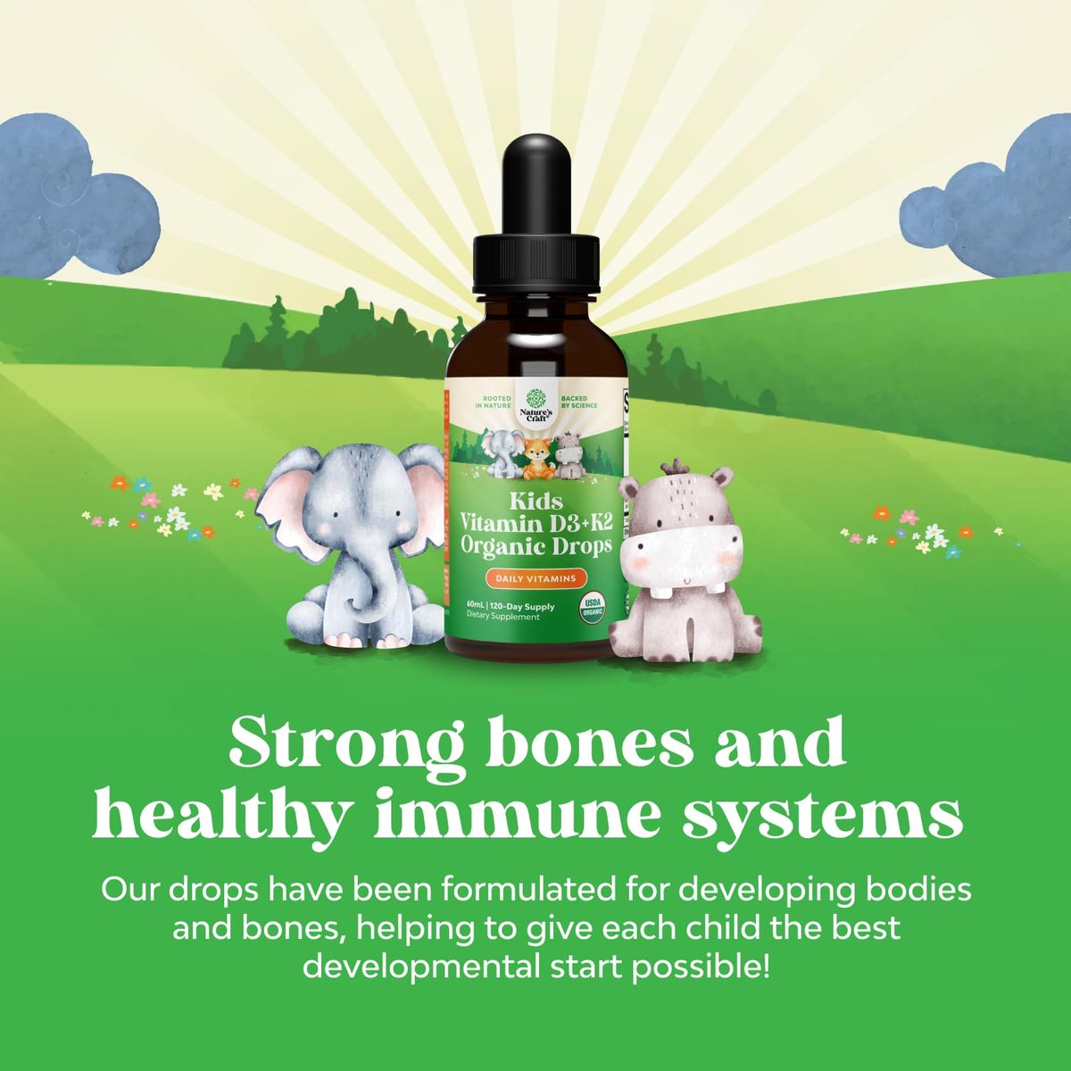 Natures Craft Vitamin D3 K2 Tropfen für Kinder - Bio Vitamin D für starke Knochen & Gelenke - Immununterstützung für Säuglinge, Babys & Kleinkinder - Flüssiges Nahrungsergänzungsmittel - 2 Fl Oz (1er Pack)