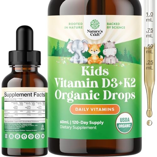 Natures Craft Vitamin D3 K2 Tropfen für Kinder - Bio Vitamin D für starke Knochen & Gelenke - Immununterstützung für Säuglinge, Babys & Kleinkinder - Flüssiges Nahrungsergänzungsmittel - 2 Fl Oz (1er Pack)