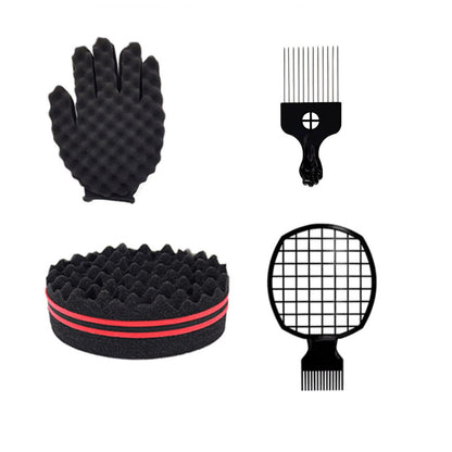 Magic Curl Sponge Set für Barber Hair Styling: Afro Twist Haarbürste, Metall-Pick-Kamm und Stylingkämme (Schwarz-A)
