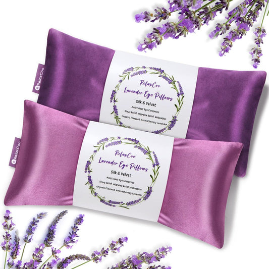 RelaxCoo Lavendel-Augenkissen für Entspannung, Yoga, Schlafen, Gewichtete Augenmaske erwärmbar gegen Kopfschmerzen, Nebenhöhlen, trockene Augen, feuchte Wärmekompresse, Meditationszubehör mit Aromatherapie, 2er-Pack