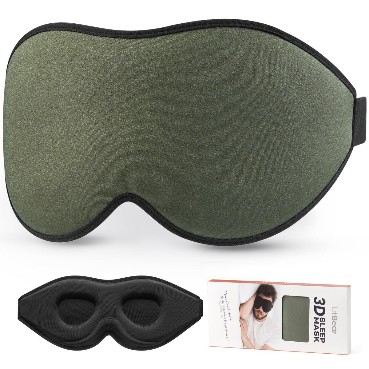 LitBear Schlafmaske für Männer und Frauen – 3D Konturierte Augenmaske für Seiten- und Rückenschläfer, Lichtblockierend, Atmungsaktiv, Verstellbarer Riemen, Ideal für Reisen (Olivgrün)