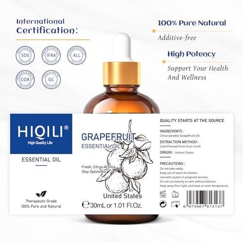 HIQILI 30 ml Grapefruit Essential Oil – 100% Rein & Natürlich für Diffuser & Hautpflege, 1 Fl Oz
