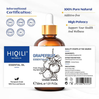 HIQILI 30 ml Grapefruit Essential Oil – 100% Rein & Natürlich für Diffuser & Hautpflege, 1 Fl Oz