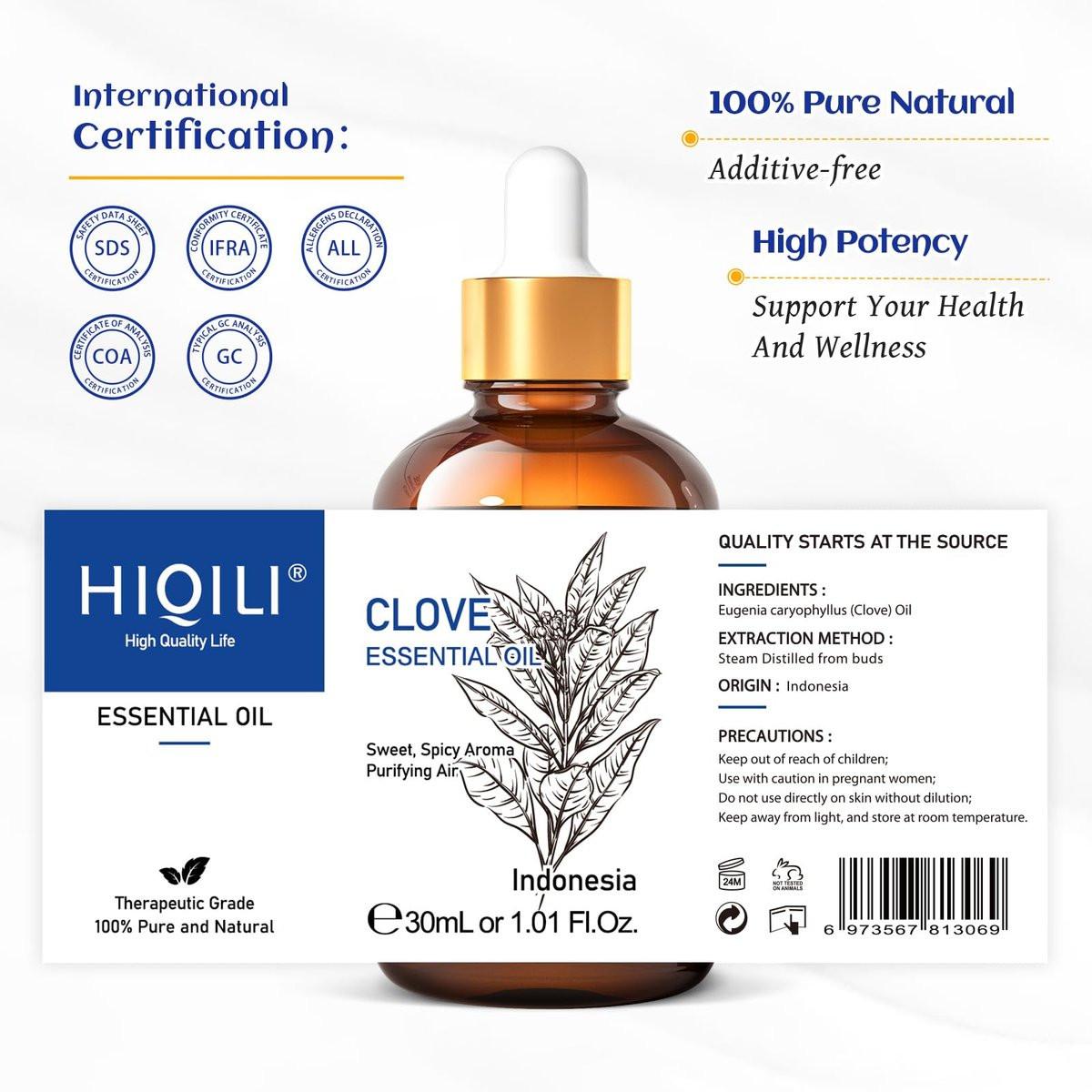HIQILI 30 ml Nelkenöl für Zähne und Zahnfleisch, 100% rein natürlich, Mundpflege, DIY-Spray, Aromatherapie