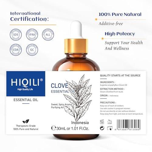 HIQILI 30 ml Nelkenöl für Zähne und Zahnfleisch, 100% rein natürlich, Mundpflege, DIY-Spray, Aromatherapie