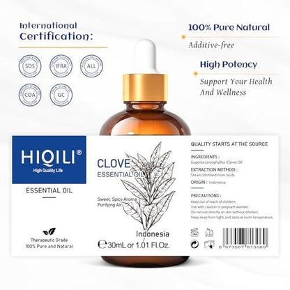 HIQILI 30 ml Nelkenöl für Zähne und Zahnfleisch, 100% rein natürlich, Mundpflege, DIY-Spray, Aromatherapie