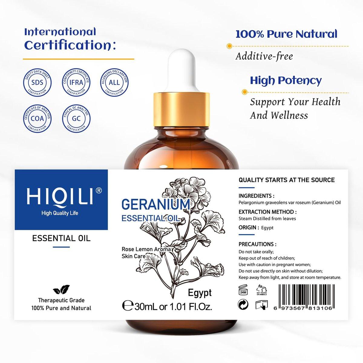 HIQILI Geraniumöl 30ml – 100% reines und natürliches ätherisches Öl für Haut, Diffuser & Kerzen, 1,01 Fl Oz