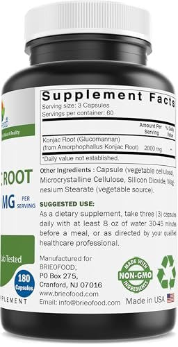 Brieofood Konjac-Wurzel Glucomannan 2000 mg pro Portion – 180 vegane Kapseln