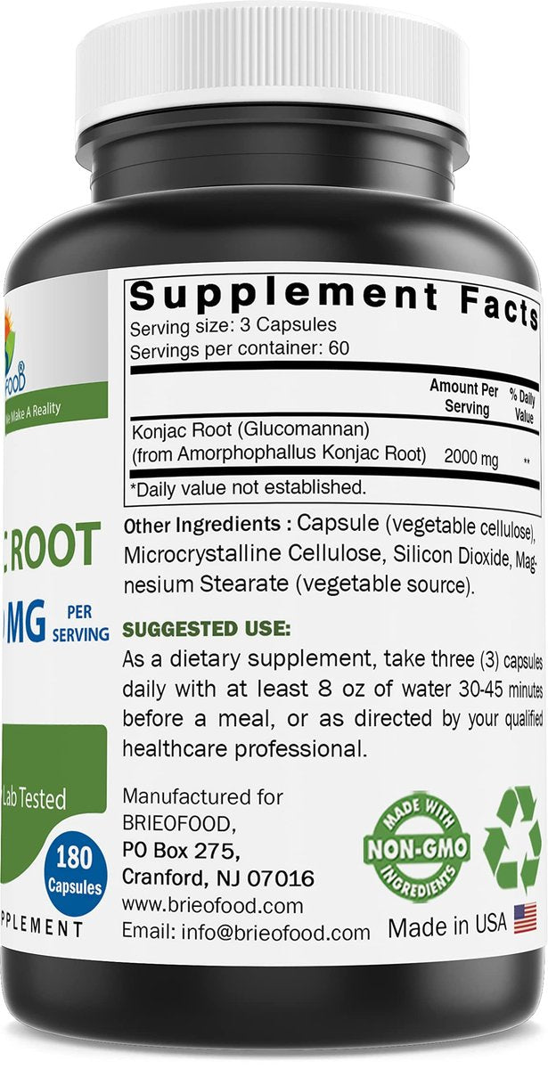 Brieofood Konjac-Wurzel Glucomannan 2000 mg pro Portion – 180 vegane Kapseln