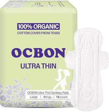 OCBON Unparfümierte, ultradünne Damenbinden (28 Stück, Large) – Bio-Baumwoll-Binden mit Flügeln für Frauen, super saugfähig & weich, Periodenschutz, hypoallergen