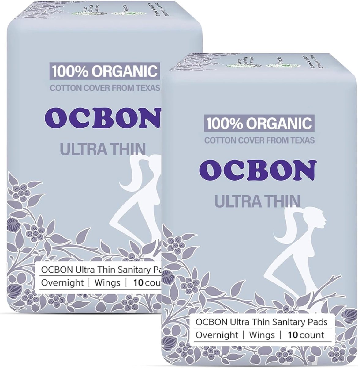 OCBON Unbeduftete ultradünne Damenbinden (20 Stück, Nachts) – Bio-Baumwoll-Binden mit Flügeln für Frauen, super saugfähig & weich, Periodenschutz, hypoallergen