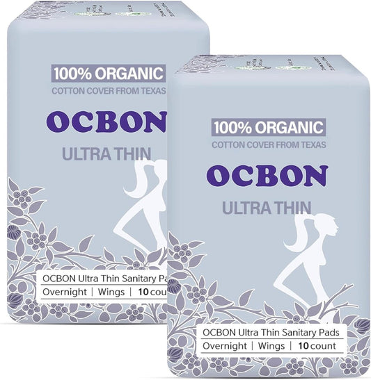 OCBON Unbeduftete ultradünne Damenbinden (20 Stück, Nachts) – Bio-Baumwoll-Binden mit Flügeln für Frauen, super saugfähig & weich, Periodenschutz, hypoallergen