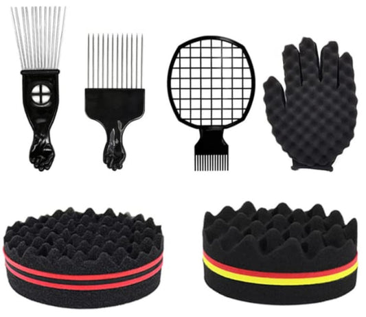 Haar Sponge Set, Magic Curl Handschuh, Afro Bürste, Metallkamm und Twistkamm für Haarstyling (Schwarz, 6-teilig)