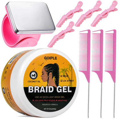 Goiple Starkes Halt Braiding Gel für Twists, Locs, Edges, Cornrows – mit Haarbraiding-Werkzeugen: Magnetisches Pin-Armband, Kamm – Kein Flocken, Hoher Glanz