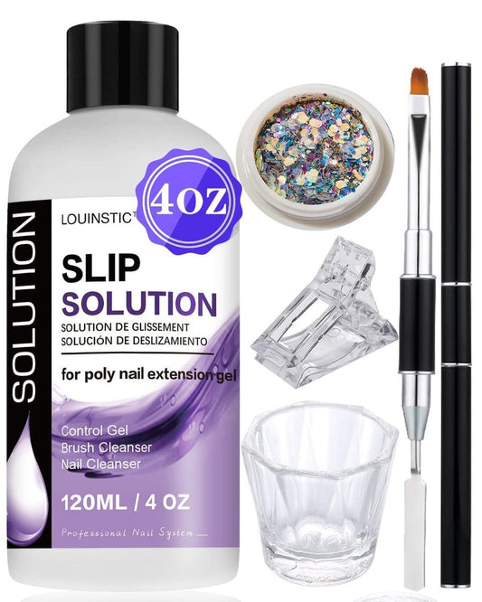 LOUINSTIC PolyGel Slip Solution 118 ml – Anti-Haft-Flüssigkeit für Nagelverlängerungen, Pinselreiniger, mit Doppelend-Nagelbürste, für PolyGel-Kits, Heim-DIY & Salon