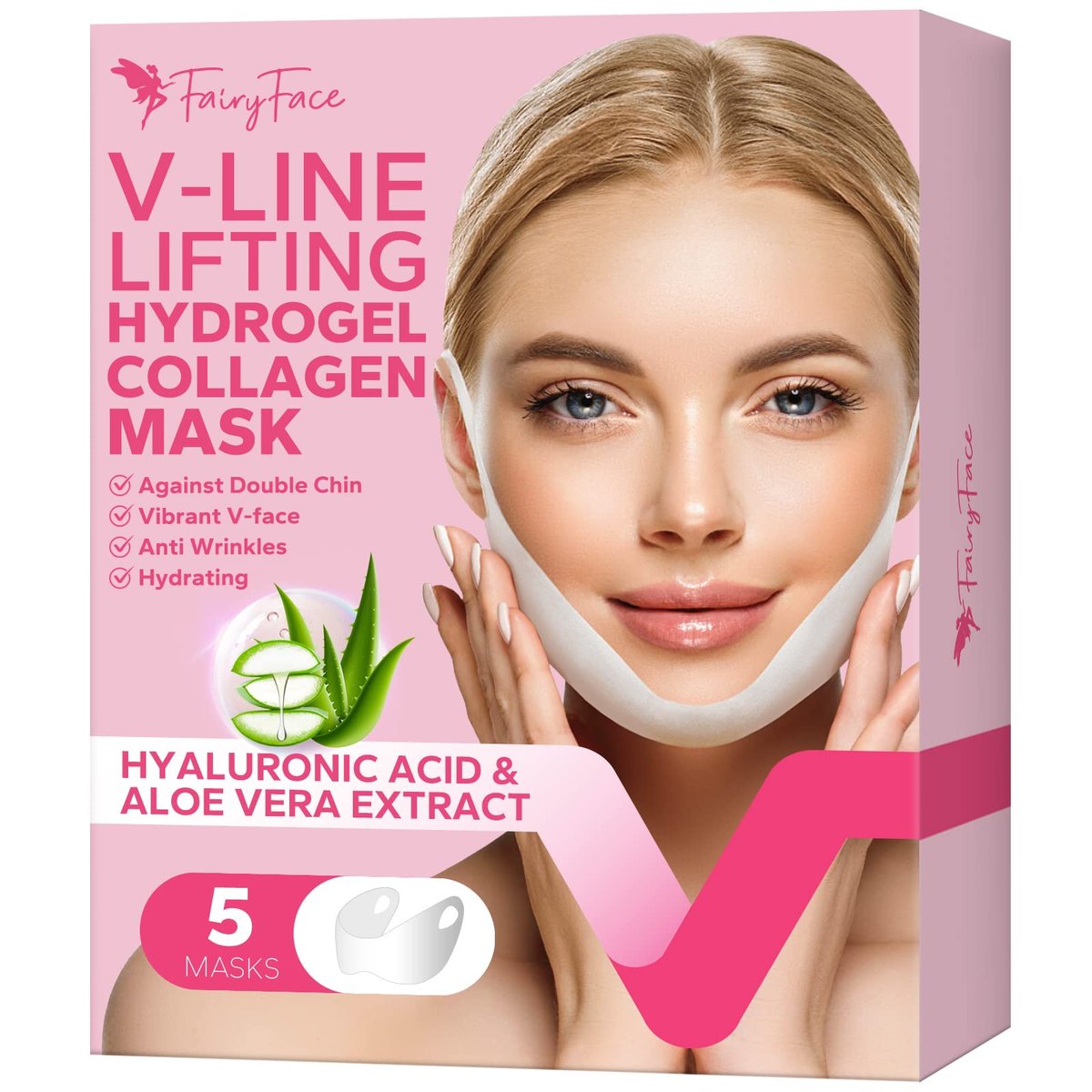 MCOMCE FairyFace V-Line Shaping Gesichtsmasken (5 Stück), Doppelkinn Reduzierer, Lifting Hydrogel Kollagen Maske mit Aloe Vera und Seetang, Anti-Aging und Anti-Falten