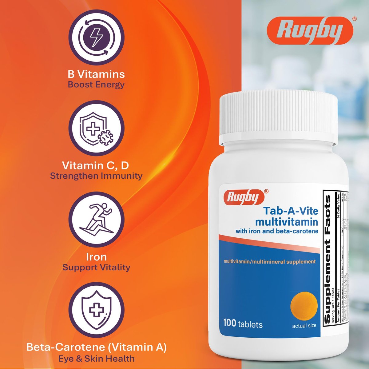 Rugby Tab-A-Vite Multivitamin mit Eisen und Beta-Carotin - Tägliches Multivitamin für Erwachsene, unterstützt die allgemeine Gesundheit, Multimineral-Ergänzung - 100 Tabletten