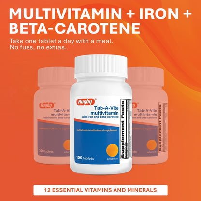Rugby Tab-A-Vite Multivitamin mit Eisen und Beta-Carotin - Tägliches Multivitamin für Erwachsene, unterstützt die allgemeine Gesundheit, Multimineral-Ergänzung - 100 Tabletten
