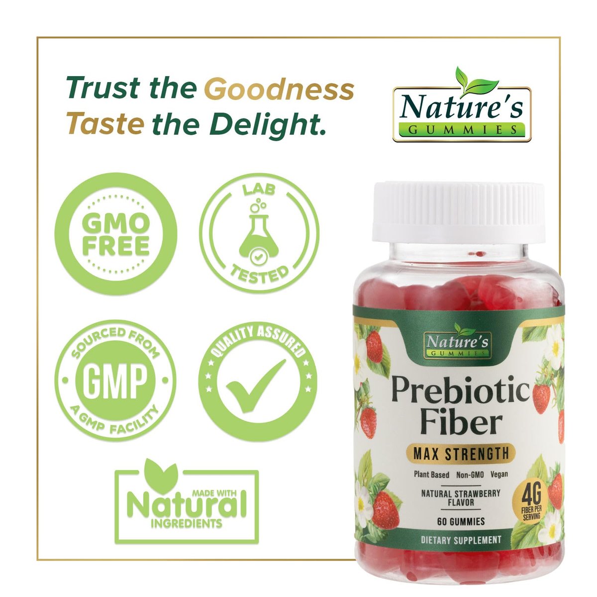 Präbiotische Faser-Gummis - 4g Ballaststoffe pro Portion - Extra starkes tägliches Nahrungsergänzungsmittel für Erwachsene - Leckerer Erdbeergeschmack - Pflanzliche Unterstützung für Verdauung und Regelmäßigkeit - 60 Gummis