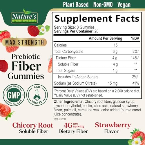 Präbiotische Faser-Gummis - 4g Ballaststoffe pro Portion - Extra starkes tägliches Nahrungsergänzungsmittel für Erwachsene - Leckerer Erdbeergeschmack - Pflanzliche Unterstützung für Verdauung und Regelmäßigkeit - 60 Gummis