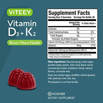 VITEEY Vitamin D3 K2 Gummis - 1000 IE Vitamin D3 und K2 100 mcg - Für Knochen- & Herzgesundheit bei Erwachsenen und Jugendlichen - Vegetarisch, Gelatinefrei, GVO-frei - Leckere kaubare D3K2 Vitamine mit Erdbeergeschmack, 60 Stück