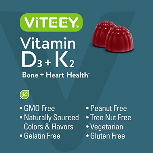 VITEEY Vitamin D3 K2 Gummis - 1000 IE Vitamin D3 und K2 100 mcg - Für Knochen- & Herzgesundheit bei Erwachsenen und Jugendlichen - Vegetarisch, Gelatinefrei, GVO-frei - Leckere kaubare D3K2 Vitamine mit Erdbeergeschmack, 60 Stück