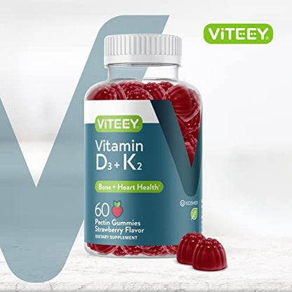 VITEEY Vitamin D3 K2 Gummis - 1000 IE Vitamin D3 und K2 100 mcg - Für Knochen- & Herzgesundheit bei Erwachsenen und Jugendlichen - Vegetarisch, Gelatinefrei, GVO-frei - Leckere kaubare D3K2 Vitamine mit Erdbeergeschmack, 60 Stück