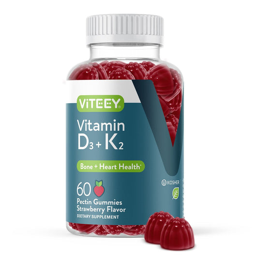 VITEEY Vitamin D3 K2 Gummis - 1000 IE Vitamin D3 und K2 100 mcg - Für Knochen- & Herzgesundheit bei Erwachsenen und Jugendlichen - Vegetarisch, Gelatinefrei, GVO-frei - Leckere kaubare D3K2 Vitamine mit Erdbeergeschmack, 60 Stück