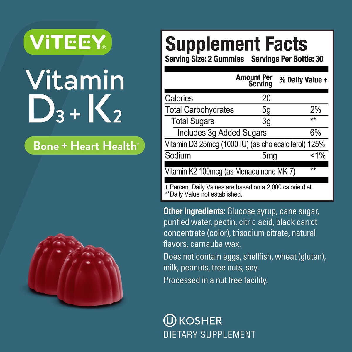 VITEEY Vitamin D3 K2 Gummis - 1000 IE Vitamin D3 und K2 100 mcg - Für Knochen- & Herzgesundheit bei Erwachsenen und Jugendlichen - Vegetarisch, Gelatinefrei, GVO-frei - Leckere kaubare D3K2 Vitamine mit Erdbeergeschmack, 60 Stück