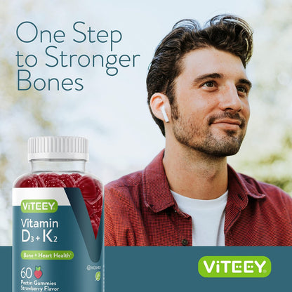 VITEEY Vitamin D3 K2 Gummis - 1000 IE Vitamin D3 und K2 100 mcg - Für Knochen- & Herzgesundheit bei Erwachsenen und Jugendlichen - Vegetarisch, Gelatinefrei, GVO-frei - Leckere kaubare D3K2 Vitamine mit Erdbeergeschmack, 60 Stück