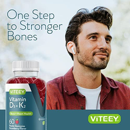 VITEEY Vitamin D3 K2 Gummis - 1000 IE Vitamin D3 und K2 100 mcg - Für Knochen- & Herzgesundheit bei Erwachsenen und Jugendlichen - Vegetarisch, Gelatinefrei, GVO-frei - Leckere kaubare D3K2 Vitamine mit Erdbeergeschmack, 60 Stück
