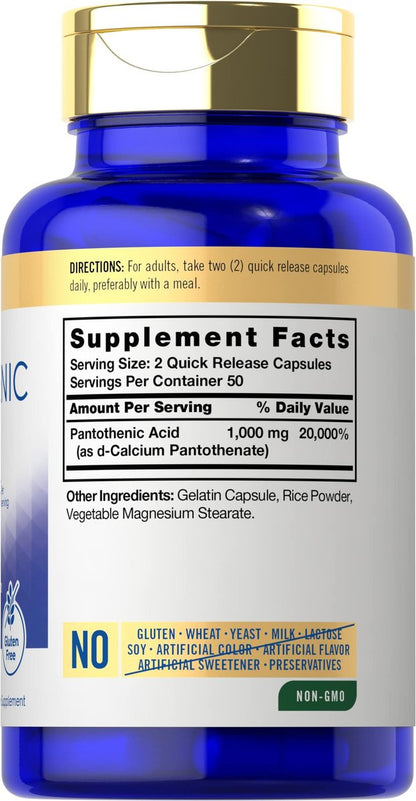 Carlyle Pantothensäure Vitamin B5 | 1000 mg | 100 Kapseln | Nicht-GVO, glutenfrei