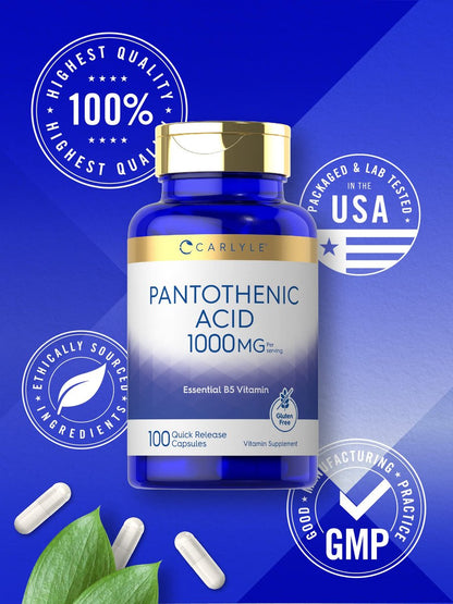 Carlyle Pantothensäure Vitamin B5 | 1000 mg | 100 Kapseln | Nicht-GVO, glutenfrei