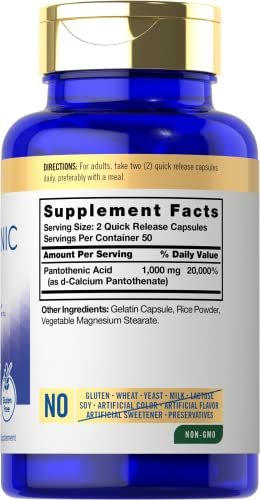 Carlyle Pantothensäure Vitamin B5 | 1000 mg | 100 Kapseln | Nicht-GVO, glutenfrei
