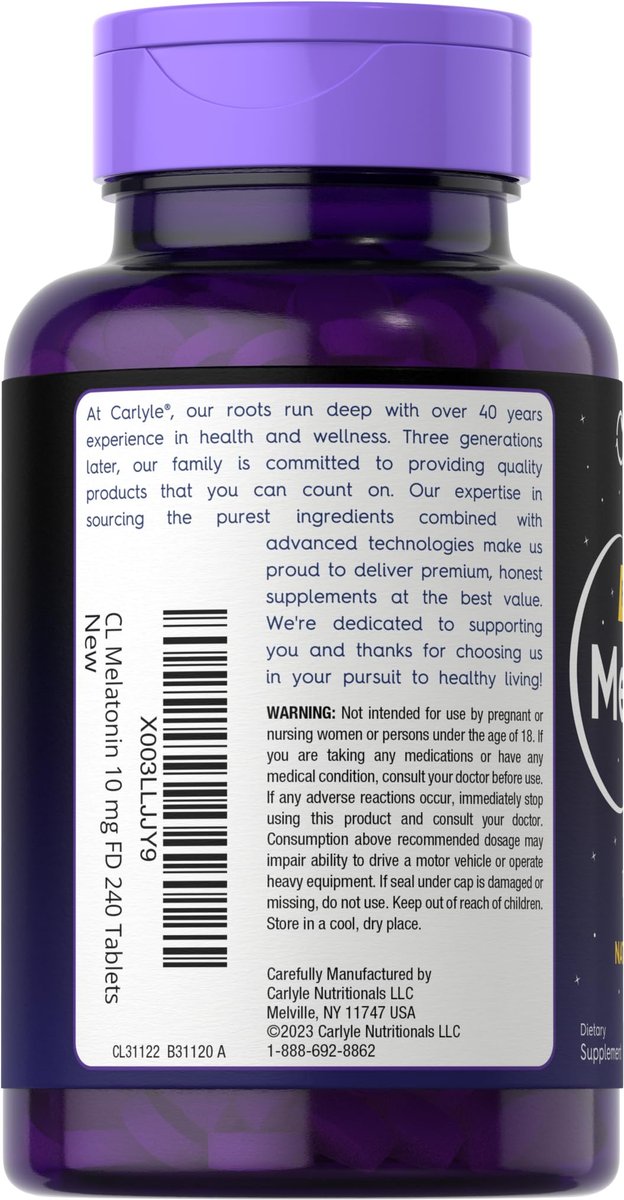 Carlyle Melatonin 10mg Fast-Dissolve Tabletten – 240 Stück – Beerengeschmack – 100% Arzneimittelfrei – Vegetarisches, Nicht-GVO, Glutenfreies Nahrungsergänzungsmittel
