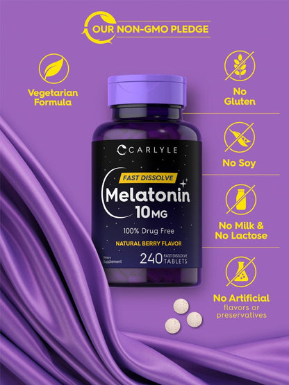 Carlyle Melatonin 10mg Fast-Dissolve Tabletten – 240 Stück – Beerengeschmack – 100% Arzneimittelfrei – Vegetarisches, Nicht-GVO, Glutenfreies Nahrungsergänzungsmittel